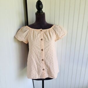 Cat & Jack Girs Eyelet Button Front Woven Short Sleeve Blush Orange Top L(10/12)